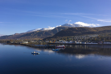 Aerial view of Fort William and Ben Nevis, Scotland, UK