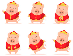 Vector little cartoon pigs characters posing in different situations. Illustrations of set cute piggys. Piglet illustration for card, posters, invitations, children room, decoration