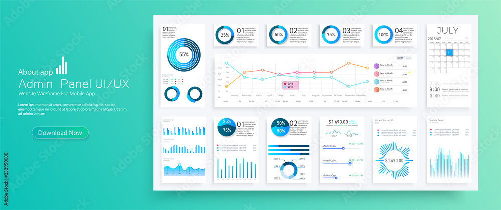 Fototapete 	 Infographic dashboard. Admin panel interface with green charts, graphs and diagrams. Website design vector template graph and diagram infographic, vector illustration