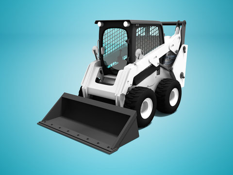 White loader with territory cleaning scoop 3d render on blue background with shadow