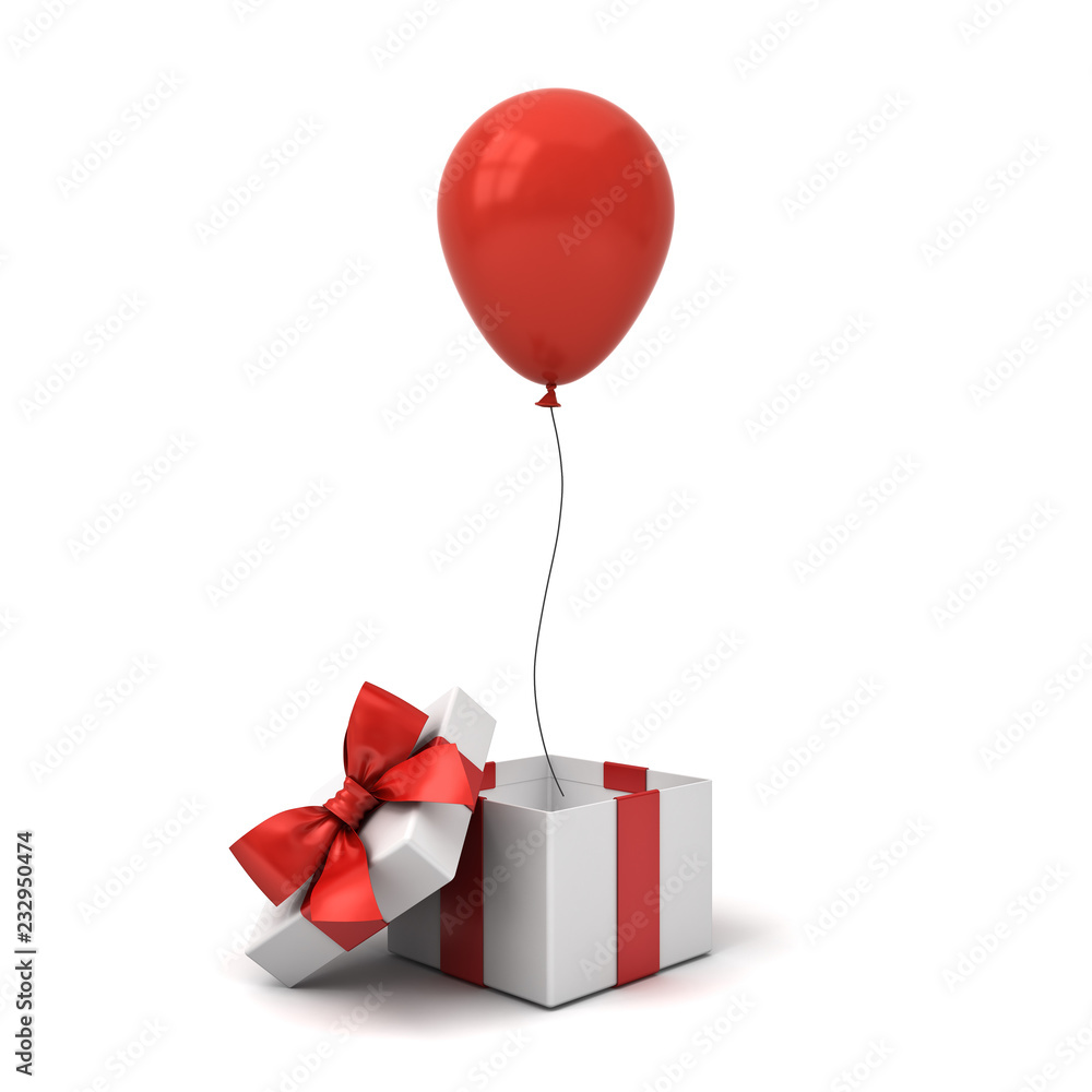 Poster red glossy balloon coming out from the open gift box or present box with red ribbon bow isolated on 
