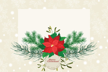 Floral vintage invitation card in poinsettia. Winter background. Greeting card template. Design artwork for the poster, wedding invitation. Place for text.