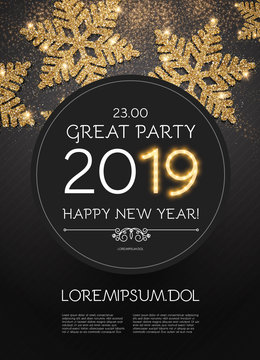 Happy New 2019 Year Poster Template with Shining Gold Snowflakes.