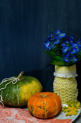 Pumpkins and vase with flowers on black