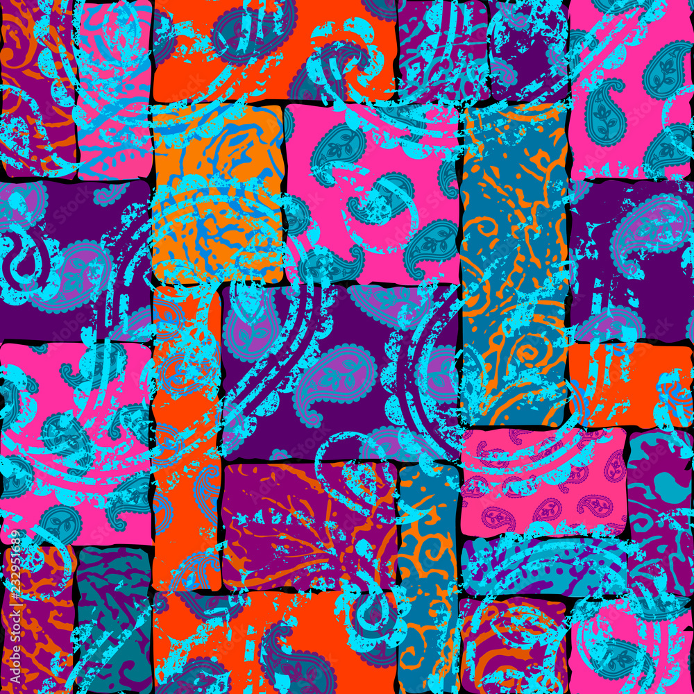 Poster patchwork pattern with paisley ornament patterns. bright magenta and orange colors.