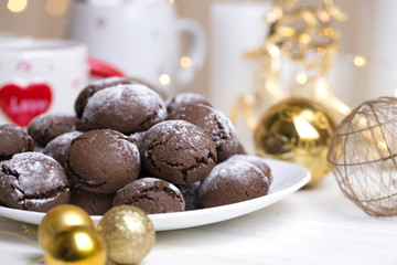 Homemade chocolate cookies with christmas background