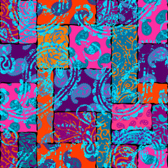 Patchwork pattern with Paisley ornament patterns. Bright magenta and orange colors.