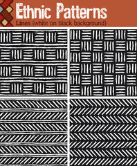 Lines (white on black background). 4 seamless patterns for Illustrator in tribal style, made from hand-drawn drawings. 