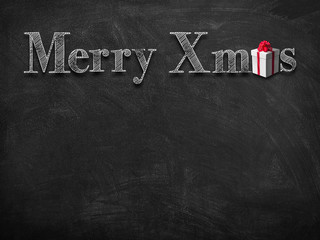Fototapeta na wymiar 3d illustration rendering of chalk Merry Christmas wishes on blackboard with red gift box