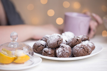 Chocolate brownie cookies in powdered sugar. Chocolate Crinkles.