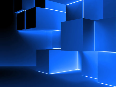 Fototapeta Blue glowing cubes installation. 3d illustration