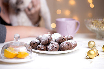 Chocolate brownie cookies in powdered sugar. Chocolate Crinkles.