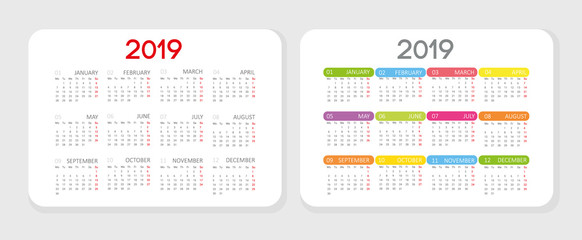 vertical Concise stylish pocket calendar concept 2019. Two options are presented. First option in strict classical style second with color emphasis on names of month. for wall pocket desktop calendar.