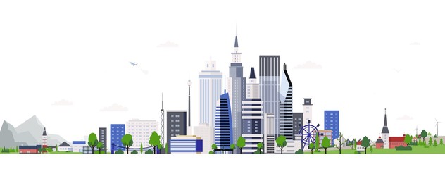 Horizontal landscape with modern tall buildings of downtown or business area. Cityscape with skyscrapers. City development, construction and architecture. Colorful vector illustration in flat style. © Good Studio