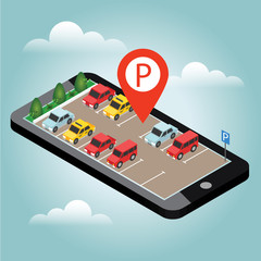 Isometric cars in the car parking. Mobile searching. Looking for parking. Flat 3d isometric urban city infographic concept. Geo tracking. Map