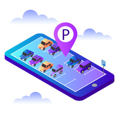 Isometric cars in the car parking. Mobile searching. Looking for parking. Flat 3d isometric urban city infographic concept. Geo tracking. Map
