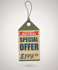 Vintage cardboard sale label or price tag template in retro style with special offer. Vector illustration