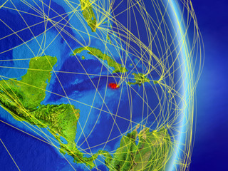 Jamaica on planet planet Earth with network. Concept of connectivity, travel and communication.