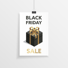 Black friday sale promotion poster with a 3d style isometric black and golden gift box on a hanging paper background.