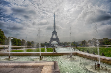 PARIS, FRANCE, SEPTEMBER 5, 2018 - View of Eiffel Tower through the Fountain of Trocadero Gardens in Paris, France