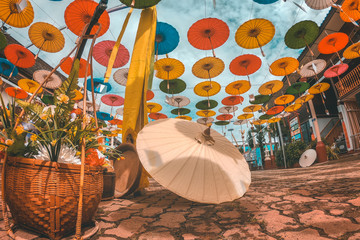 Lanna Umbrella Festival and Loi kratong Festival in Temple Chiang mai Thailand - obrazy, fototapety, plakaty