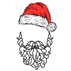 Padded beard and Santa Claus hat. Hand drawn New Year mask, isolated vector.