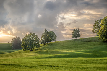 Hilly green pasture meadows in Bavaria at the end of a day