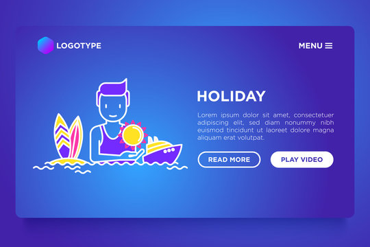 Man on holidays concept with thin line icons: sun, yacht, surfing. Modern vector illustration, web page template on gradient background.