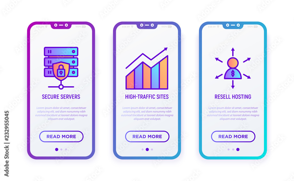 Poster hosting thin line icons set: secure server, high-traffic servers, resell hosting. modern vector illu