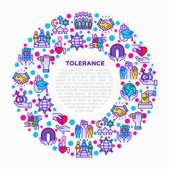 Tolerance concept in circle with thin line icons: gender, racial, religious, sexual orientation, interclass, for disability, respect, self-expression, human rights. Vector illustration for print media