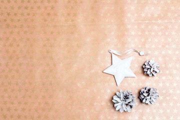 Winter holiday background with white star and snow painted pine cones on wrapping paper. Space for text.