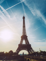 View of the Eiffel tower at sunrise, Paris, France.