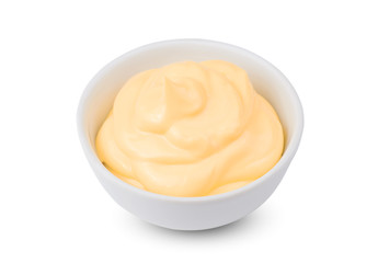 Fototapeta na wymiar One Bowl with tasty cheese sauce on white background