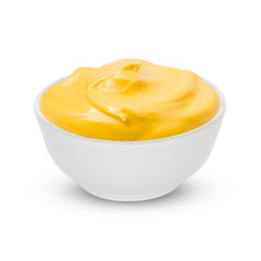 One Bowl with tasty cheese sauce on white background