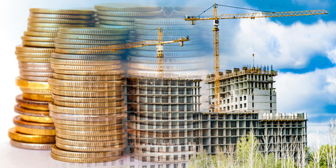 Panorama of the building in the background money . The concept of changes in housing prices .