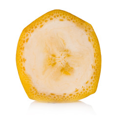 Closeup of banana slice isolated on white background. With clipping path.