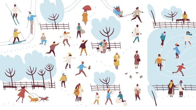 Crowd of tiny people dressed in outerwear performing outdoor activities in winter park - building snowman, throwing snowballs, walking dog. Colorful vector illustration in flat cartoon style.