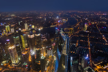 Shanghai, China - May 23, 2018: A night view from Shanghai tower to the modern skyline in Shanghai, China