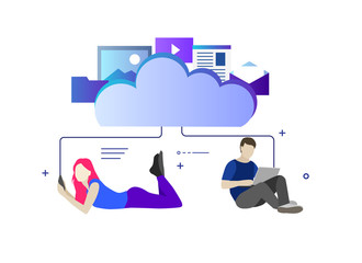 Computer device data cloud storage security flat design vector illustration. Young people use cloud storage. Easy to use and highly customizable