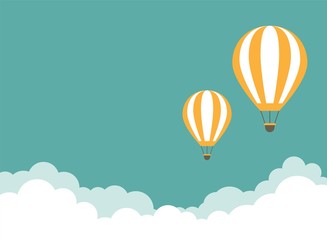 Orange hot air balloon flying in the turquoise sky with clouds. Flat cartoon