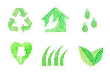 Collection of watercolor eco icons. Ecological symbols.