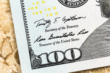 USA currency. Dollars.  Closeup on marble table.