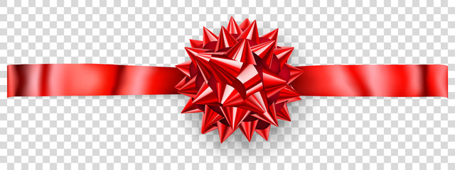 Beautiful red shiny bow with horizontal ribbon with shadow on transparent background