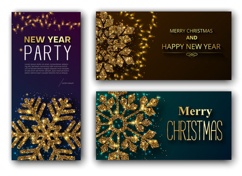 Merry Christmas and Happy New Year greeting cards and party invitation card with golden snowflake.