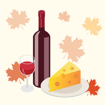 wine bottle, glass, cheese, autumn leaves clip art preview
