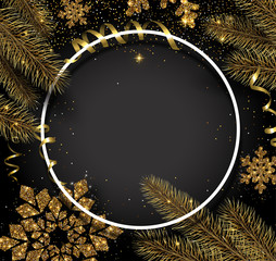 Christmas and New Year round shiny card with golden snowflakes and fir branches.