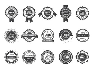 Vintage premium badge. Luxury high quality best choice labels or logos for stamps vector collection black template. Illustration of premium quality label, guarantee badge sticker - obrazy, fototapety, plakaty