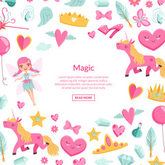 Vector cute artoon magic and fairytale elements background with place for text illustration. Unicorn and crown, princess fairytale