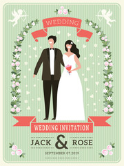 Wedding invitation background. Happy groom couple happy lovers wed day cute bride vector placard. Illustration of invitation wedding, couple groom and bride