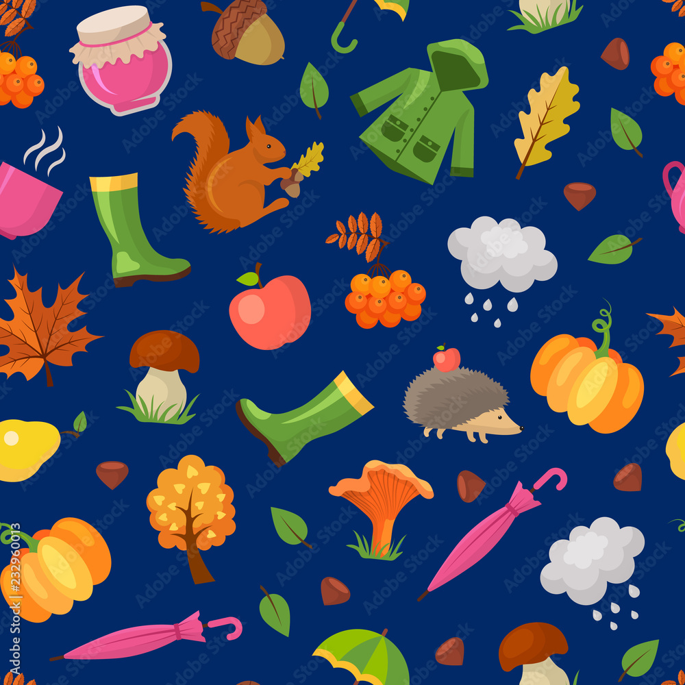 Poster vector cartoon autumn elements and leaves pattern or background illustration. autumn background patt